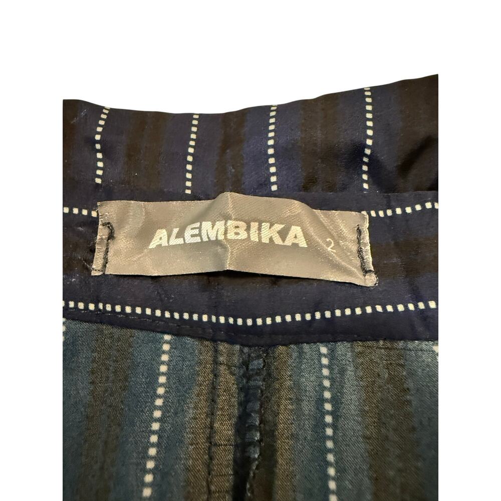 Alembika Navy Pinstripe Bubble Hem Midi Dress Artsy Floral Panel Size 2 - Picture 2 of 5